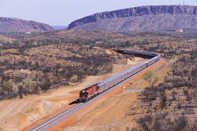 The Ghan train to Darwin departs Alice Springs